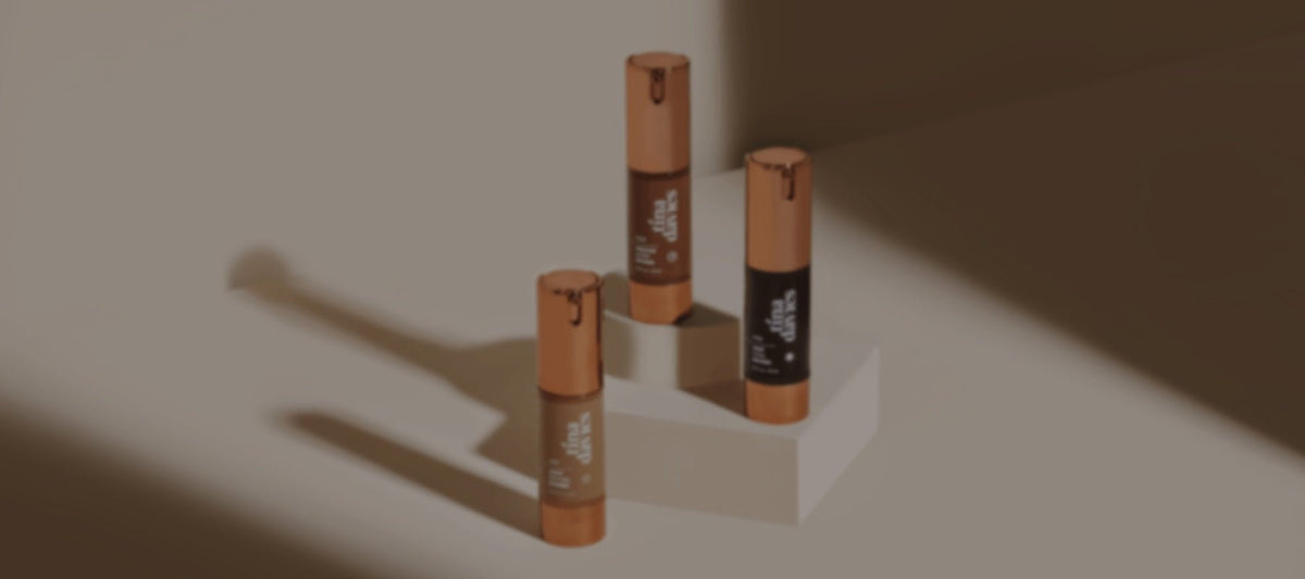 FADE eyebrow pigment bottles displayed on platforms with shadows, showcasing the pigment collection.