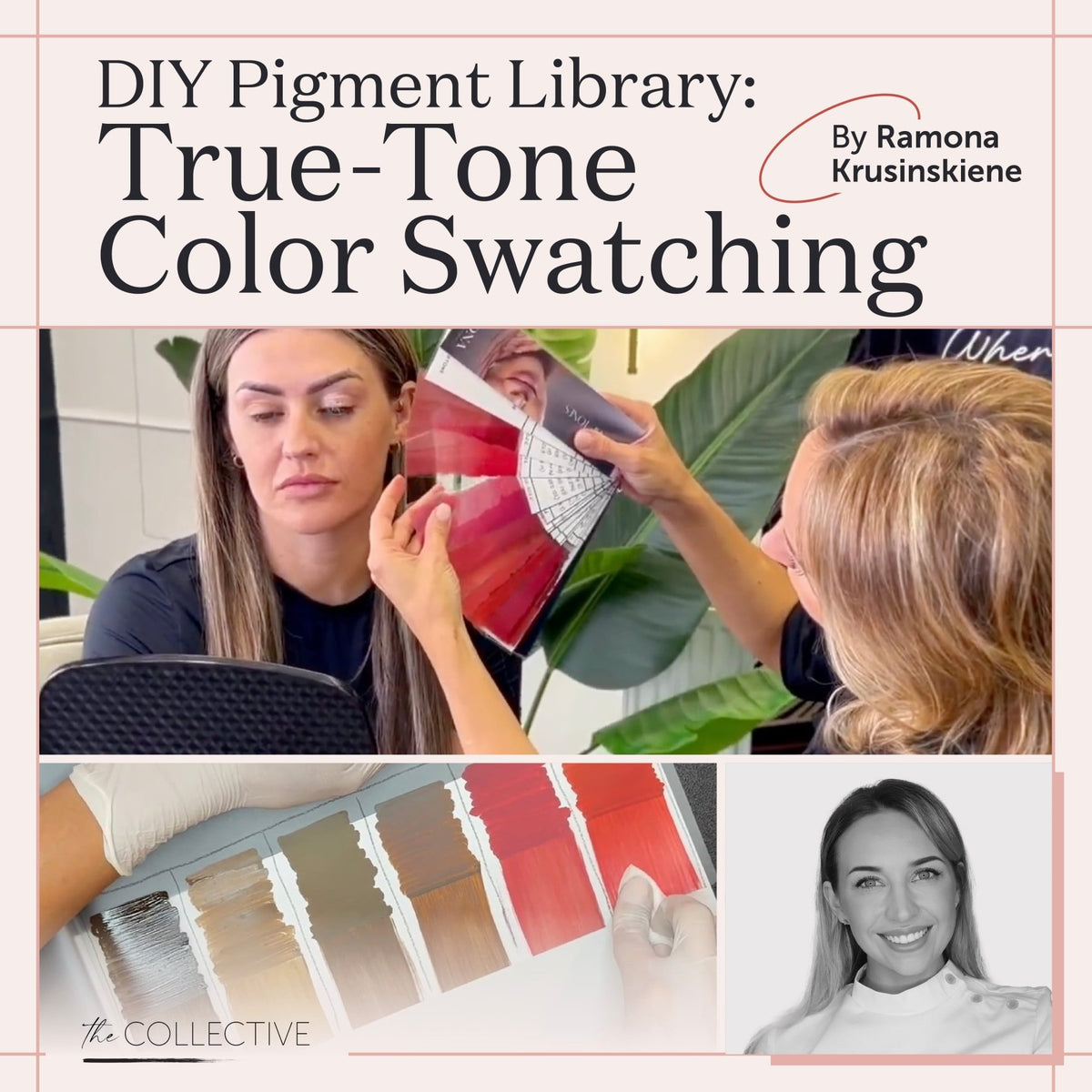 True-Tone Color Swatching course by Ramona Krusinskiene featuring pigment swatch pages, color card, and portrait.