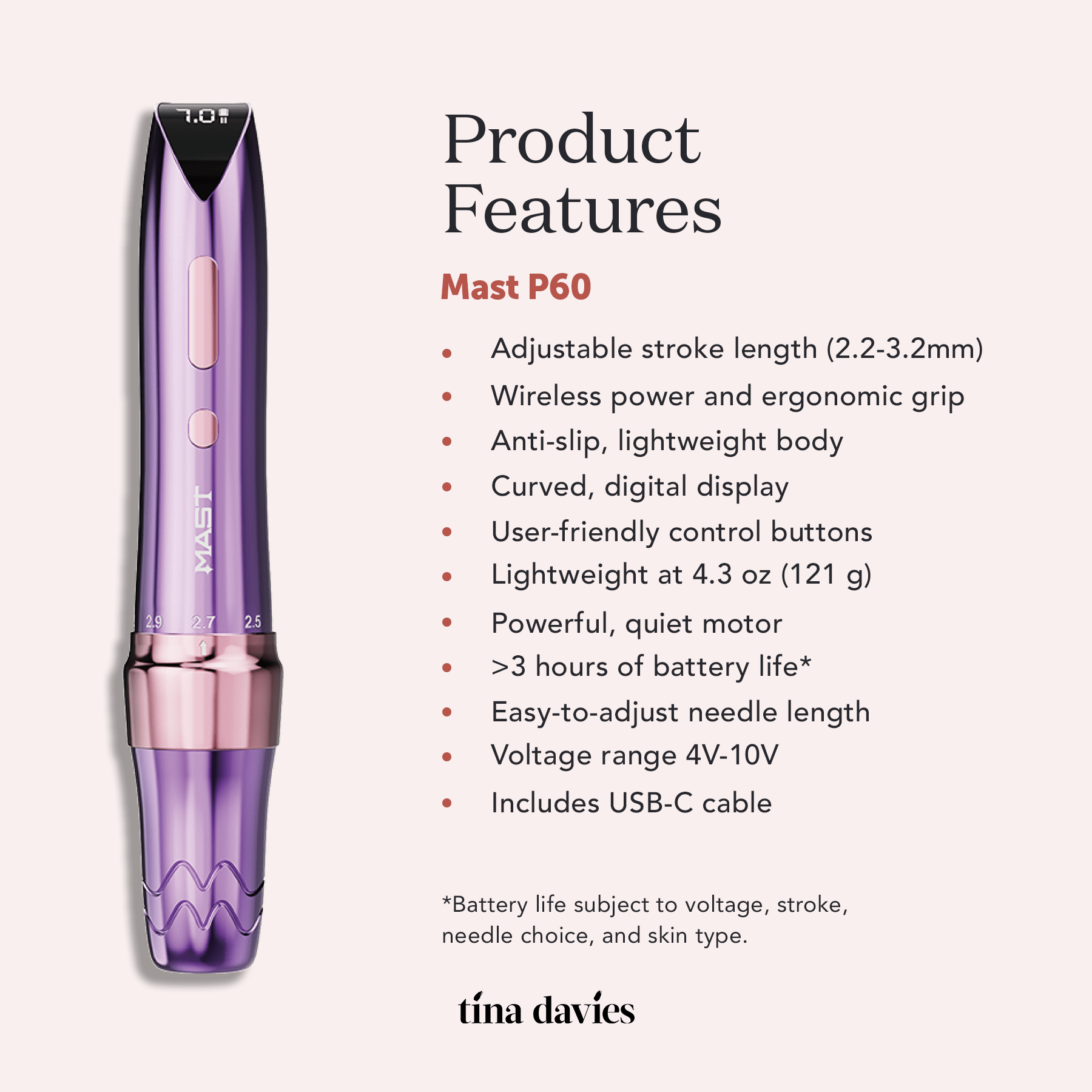 Mast P60 Wireless Tattoo Pen Machine With 2.2mm - 3.2mm Adjustable Stroke Length - Tina Davies Professional