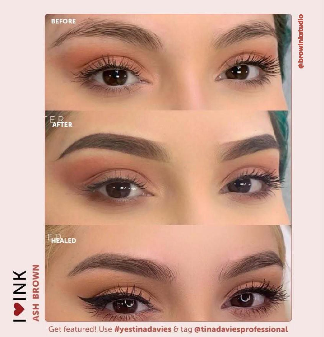 Before, after, and healed ombré brows results created with Tina Davies x Perma Blend I ❤️ INK Ash Brown Eyebrow Pigment
