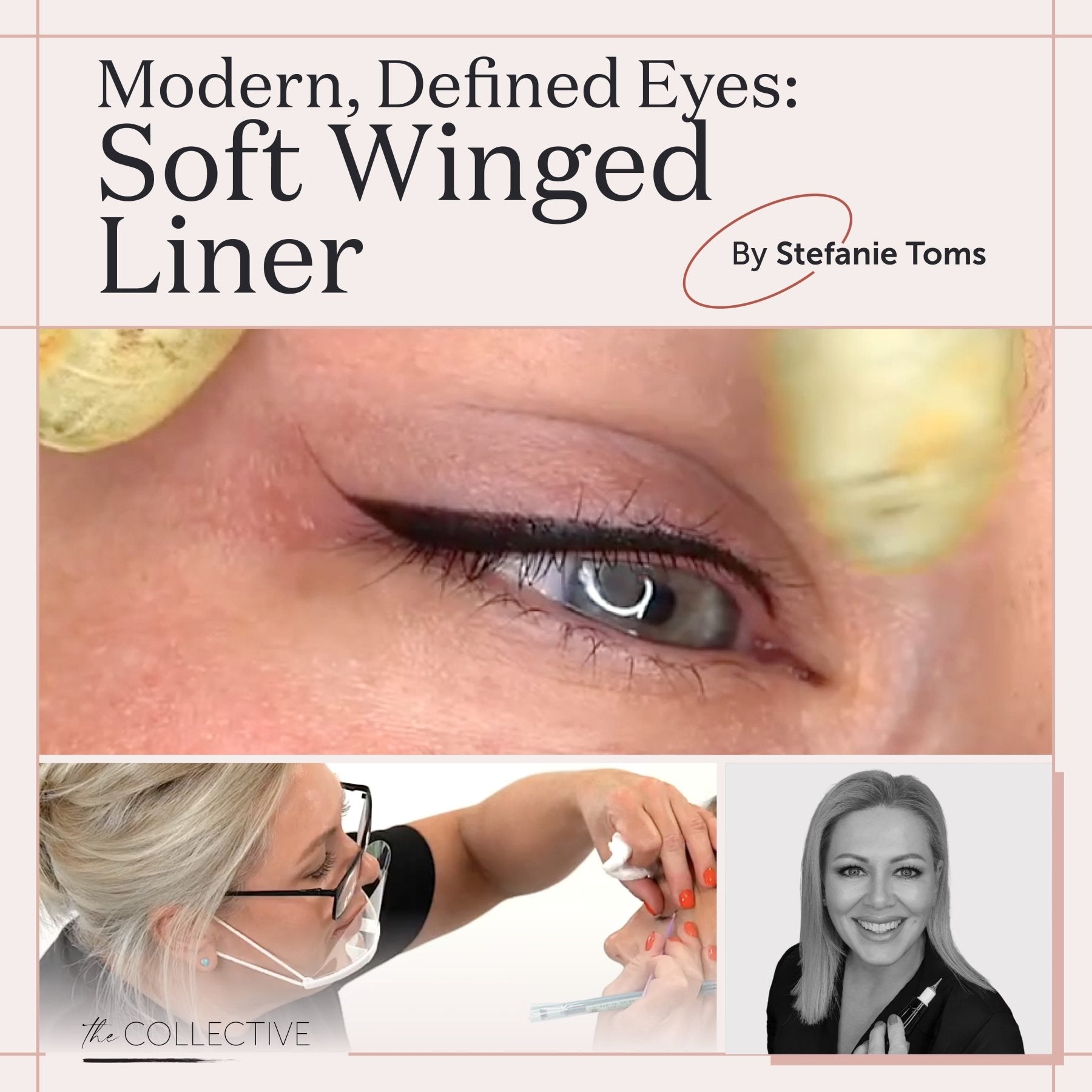 Online Course thumbnail for soft winged liner with close-up of permanent eye makeup and product application.